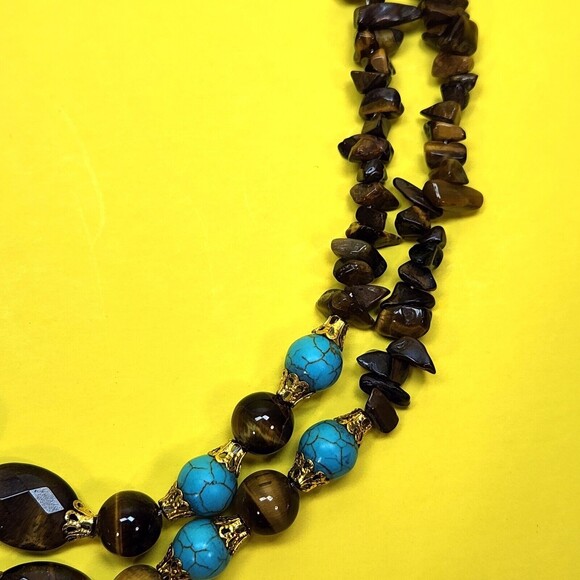 Gemstone Tiger Eye Beaded Necklace 19 in. Double Strand Earthy Boho Healing - Picture 7 of 9